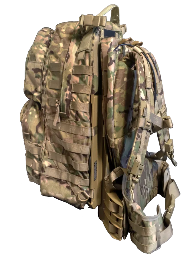 Lightning Packs MOLLE rucksack in MultiCam, shown from the side with the suspended-load frame and harness visible.